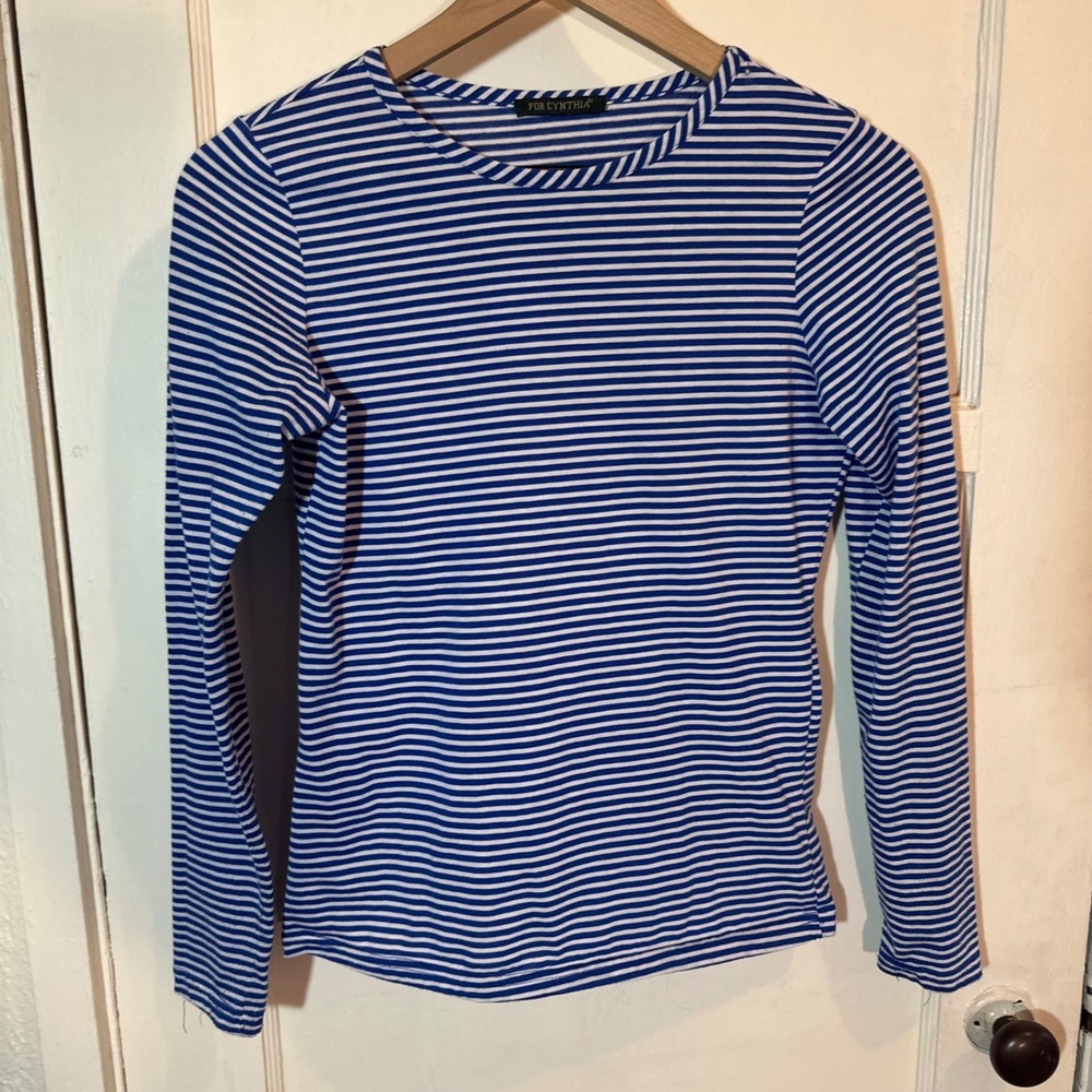 For Cynthia Long Sleeve Striped Top Blue White Crew Neck